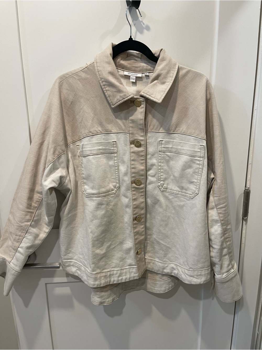 Chicos Contrast Panel Button-Front Jacket - Cream/Beige sz 3 $128